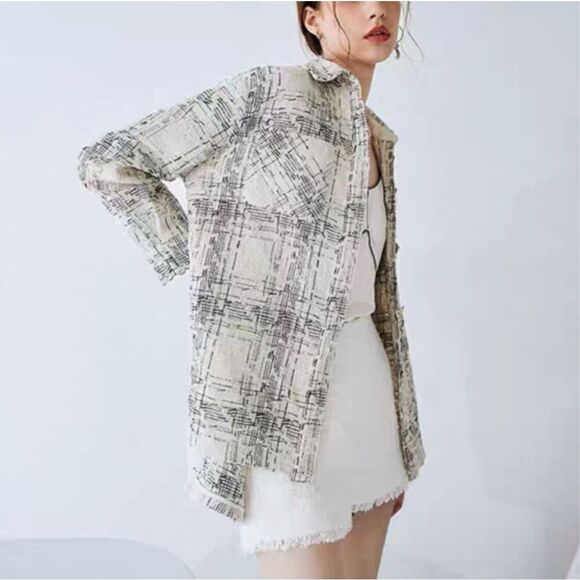 Angels & Castles Tweed Blazer Jacket Plaid Bouclé‎ Wool Polyester Blend Medium - Picture 1 of 10